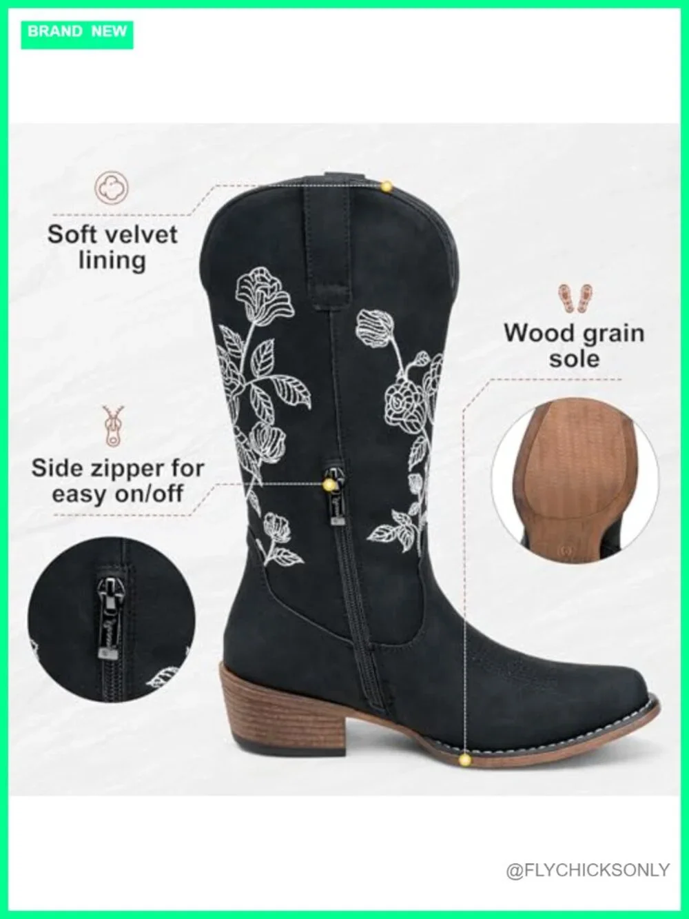 Mid Calf Western Cowboy Boots with Floral Embroidery Low Heel Side Zipper